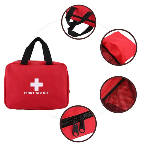 Front view of red empty first-aid kit bag with black handles, zipper, and mesh interior pocket