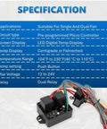 Specifications of 12V/24V Digital Radiator Fan Controller Kit with Adjustable Temperature Range 104 to 230 Fahrenheit, LED Display, Dual Relay
