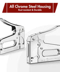 Chrome steel heavy duty staple gun for upholstery woodworking DIY and pro projects, manual stapler for one quarter to nine sixteenths inch staples.
