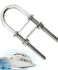 Beefy Heavy Duty Stainless U Bolts For Marine And Industrial Use, Yacht Hardware With 8 10 12 Size Options For Rope, Mounting, Thru Hull Fittings, And Machinery Fastening. Stainless U-bolt on yacht background