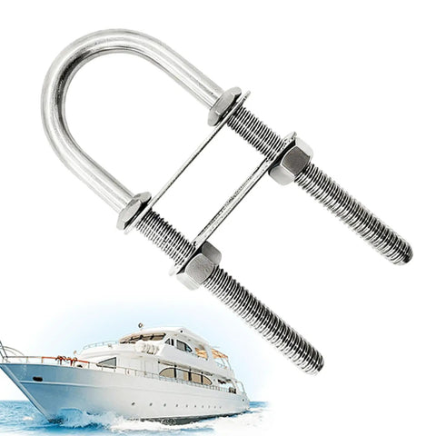 Beefy Heavy Duty Stainless U Bolts For Marine And Industrial Use, Yacht Hardware With 8 10 12 Size Options For Rope, Mounting, Thru Hull Fittings, And Machinery Fastening. Stainless U-bolt on yacht background