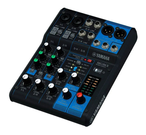 MG06X 6 Input Compact Stereo Mixer With Effects For Home Studio, showing knobs, inputs, and controls for live streaming setups.