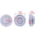 400 Pack Silver Gray 8mm Roofing Screw Covers showing dimensions and design in front, top, and side views.