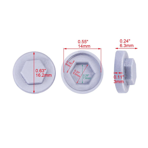 400 Pack Silver Gray 8mm Roofing Screw Covers showing dimensions and design in front, top, and side views.