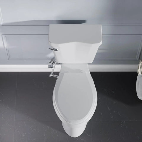 White Elongated Bidet Toilet Seat With Soft Close Lid Dual Front Wash Nozzles Adjustable Pressure Dial Effortless Diy Hookup Brass Supply Link And Smooth Daily Fresh Feel viewed from above with plumbing visible.