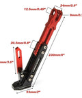 Universal Adjustable Aluminum Alloy Motorcycle Kickstand For Electric Scooters And Dirt Bikes Red Lightweight Durable Stand Built For Most Bikes With Over 7 Inches Ground Clearance Easy Install And Reliable Side Stand, shown with measurements in red.