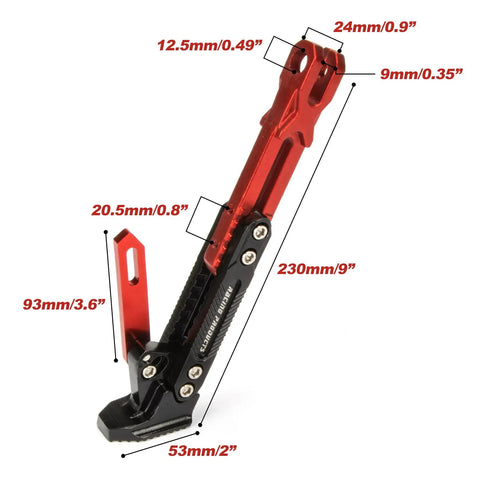 Universal Adjustable Aluminum Alloy Motorcycle Kickstand For Electric Scooters And Dirt Bikes Red Lightweight Durable Stand Built For Most Bikes With Over 7 Inches Ground Clearance Easy Install And Reliable Side Stand, shown with measurements in red.