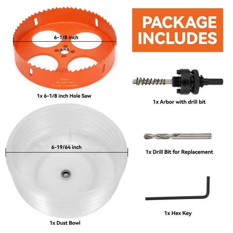 6-1/8 Inch Bi-Metal Hole Saw Kit For Recessed LED Lights With Dust Bowl Catcher, Arbor With Drill Bit, Replacement Bit, Hex Key