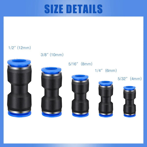 Konohan 5-pack push-to-connect air hose fittings, plastic straight connectors with blue collars in 4-12 mm sizes