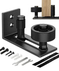 Heavy Duty Sliding Barn Door Guide With Adjustable Bottom Floor Track Hardware, includes sturdy black metal mounts and screws.