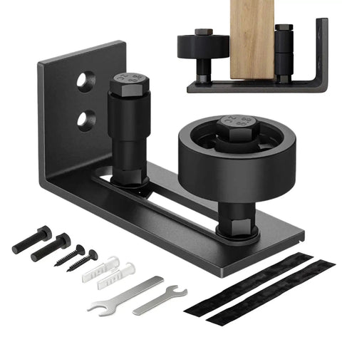 Heavy Duty Sliding Barn Door Guide With Adjustable Bottom Floor Track Hardware, includes sturdy black metal mounts and screws.