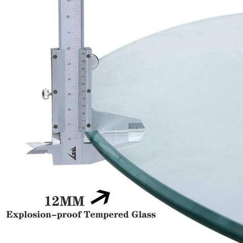 Close-up of 31 Inch To 35 Inch Tempered Glass Lazy Susan Turntable edge with 12mm thickness measuring tool