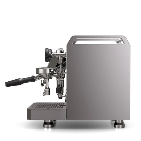 Top Tier Chrome Espresso Machine Cranking Out Perfection With A Rotary Pump Heat Exchanger And PID Temp Control side view showing parts.