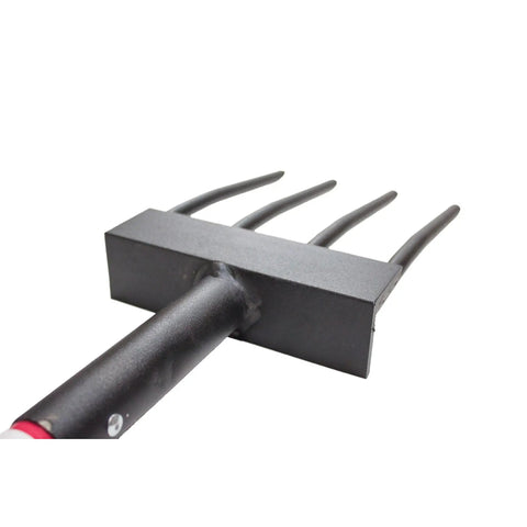 Close-up of tines and handle of Beefy Heavy Duty Garden Spading Fork With Fiberglass Handle And Poly D Grip For Digging Turning Soil