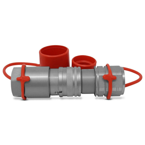 5/8-inch SAE -10 flat-face hydraulic quick-connect couplers set with red dust caps, aluminum bodies