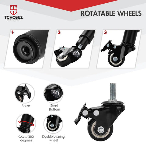 Beefy Adjustable Metal Furniture Legs With Casters 12 To 18 Inch Set Of 4 showing rotatable wheels and steel bottom.