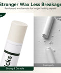 Slick White Wood Filler Sticks 4 Pack Putty for Furniture and Floor Repair showing strong wax stick and broken stick comparison.