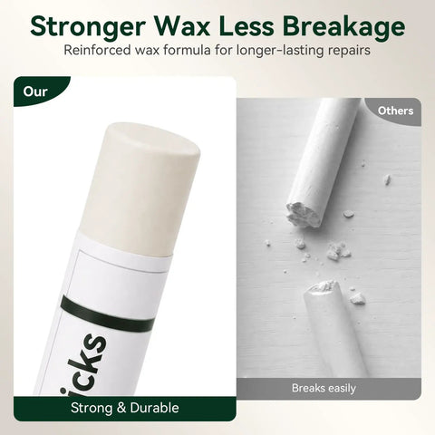 Slick White Wood Filler Sticks 4 Pack Putty for Furniture and Floor Repair showing strong wax stick and broken stick comparison.