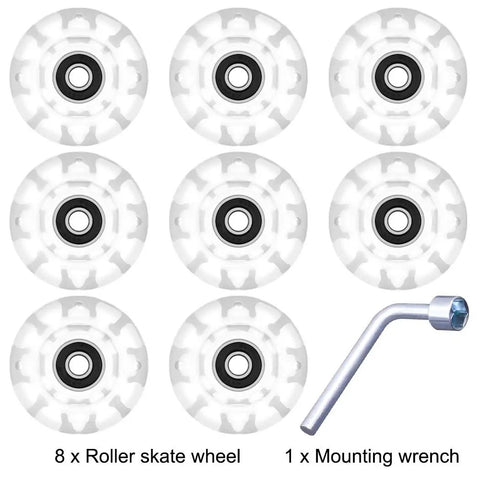 8 Pack Light Up Roller Skate Wheels With Preinstalled Bearings For Double Row Skating And Skateboards 32mm X 58mm 82A Polyurethane Wheels Includes Mounting Wrench displayed with wrench