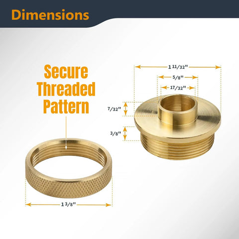 Brass router guide bushing, 5/8 in, short shank; knurled outer ring and threaded bore, front and side views