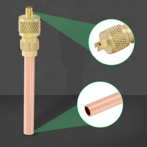 Front view of copper HVAC refrigerant tube with knurled brass 1/4 in Schrader valve connector; tip and bore close-ups
