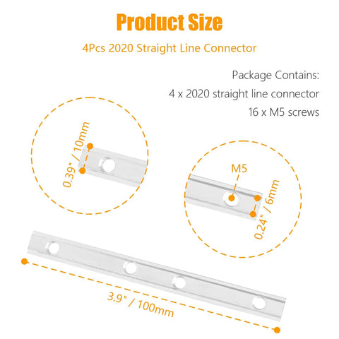 4Pcs 2020 Straight Line Connector For T Slot Aluminum Extrusion With M5 Screws 3.9 Inch Joint Brackets 6mm Slot dimensions