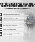 Infographic of the Beefy 19KG High Speed Brushless RC Steering Servo With Full Metal Gear 0.073Sec, highlighting features like brushless motor and metal gear.