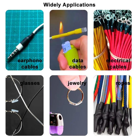 Pro Grade Heat Shrink Tubing Assortment Kit widely used on cables, glasses, jewelry, and ropes, shown in six application images.