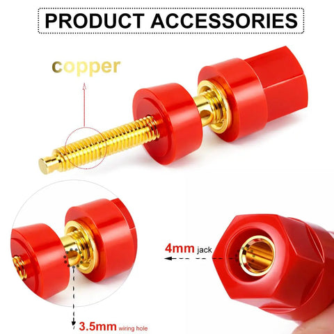 Dead Simple Plug And Play Speaker Binding Posts, M5 By 50mm Pure Copper Audio Terminals, Red audio clip with gold connector.