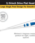Three Eighth Inch Drive Flat Head Ratchet 12 Inch Length 90 Tooth Reversible Mechanism 4 Degree Sweep Built To Last Chrome Vanadium Steel
