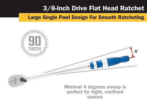 Three Eighth Inch Drive Flat Head Ratchet 12 Inch Length 90 Tooth Reversible Mechanism 4 Degree Sweep Built To Last Chrome Vanadium Steel