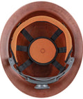 Interior view of the Full Brim KONSTRUCT Series Hard Hat 60452 On The Job Site, Class G Type 1 With Sweat-Wicking Sweatband And Top Pad, Brown
