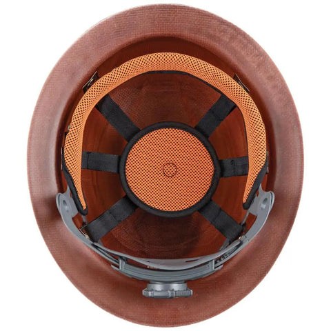 Interior view of the Full Brim KONSTRUCT Series Hard Hat 60452 On The Job Site, Class G Type 1 With Sweat-Wicking Sweatband And Top Pad, Brown