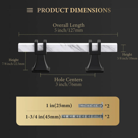 Top Shelf 10 Pack 3 Inch White Marble Cabinet Pulls With Sleek Black Zinc Alloy Bases dimensions and installation details