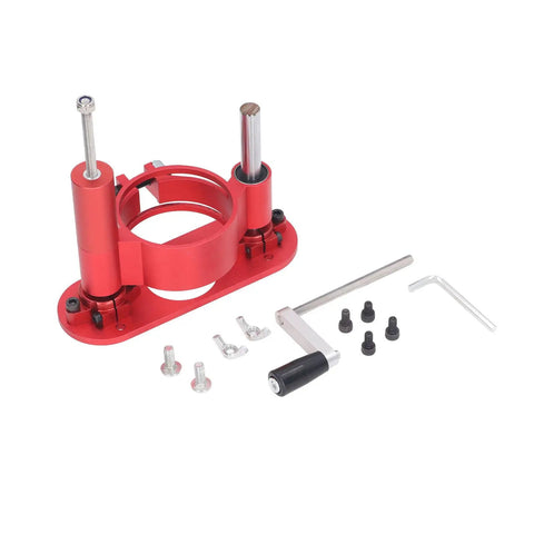 Tough as Nails Router Table Insert Plate With Heavy Duty Lift Base Support Rod Kit For Fast Woodworking Trim and Chamfer Work That Drops Snugly Into Any Standard Shop Bench, red aluminum assembly with tools and screws.