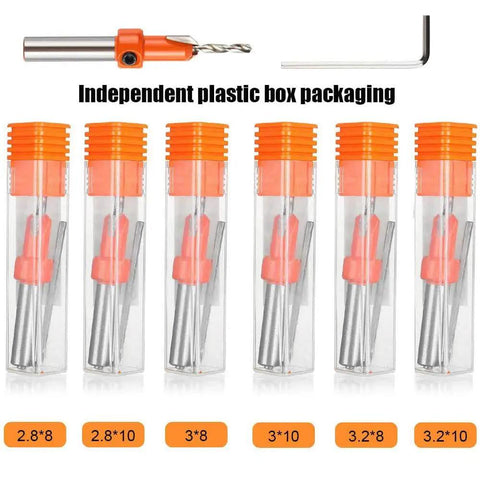 Premium Countersink Drill Bit Set For Woodworking And Timber Brings Legit Heavy Hitter Performance With A Sharp Three Pointed Edge Cut From Tough Carbon Steel To Sink Screws Fast Includes Six Must Have Sizes Plus A Solid Hex Key Wrench in a clear plastic box.