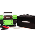 TenSix 10.6 CFM 150 PSI Portable Dual Cylinder 12V Off Road Air Compressor next to carrying bag and hose