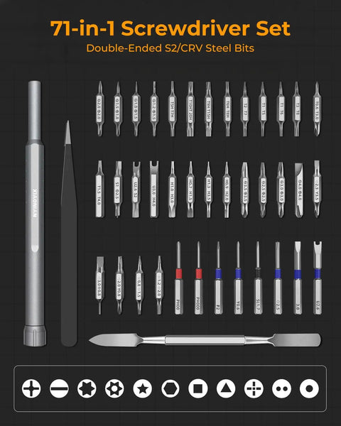 71-In-1 Mini Precision Screwdriver Set With 360 Spin showing double-ended S2/CRV steel bits