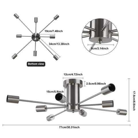 Dimensions and side view of Brushed Nickel Sputnik Semi Flush Mount Ceiling Light Fixture With Eight Arms Gives Off A Sweet Layered Glow Perfect For Low Ceilings In Your Living Room Kitchen Bedroom Foyer Or Entryway.