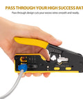 Pro Grade RJ45 Crimp Tool Pass Through Kit With Built-In Tester shown in hand, crimping Cat5 cable, ideal for networking.