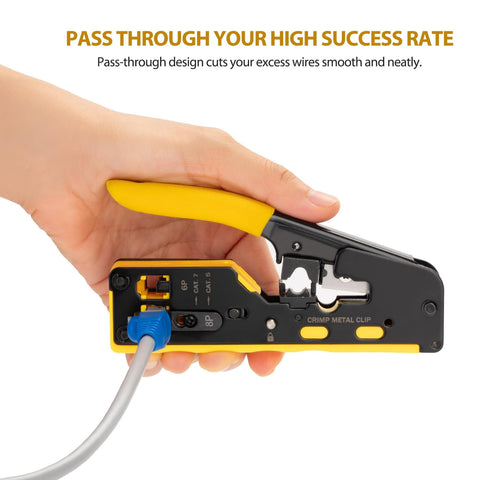 Pro Grade RJ45 Crimp Tool Pass Through Kit With Built-In Tester shown in hand, crimping Cat5 cable, ideal for networking.