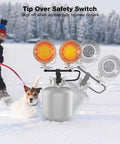Portable Propane Tank Top Heater With Tip Over Protection Dual Burners And Three Adjustable Heat Settings Up To 30000 BTU shown in snowy outdoor use with dog and child
