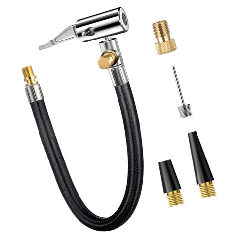 Real Deal Locking Tire Chuck With Rubber Hose Fine Thread Standard Valve Inflator Pump Hose Adapter Twist Lock Conversion Solid ABS Air Chuck Fits Car Bike Motorcycle Garage DIY Auto Repair Work Quick Setup Hands Free No Sweat, black rubber hose