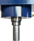 Close-up of Supercharged Steel H Frame Pneumatic Air Hydraulic Garage Shop Press with metal piston cylinder and blue air line.