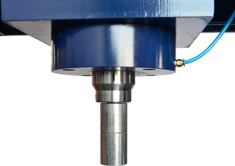 Close-up of Supercharged Steel H Frame Pneumatic Air Hydraulic Garage Shop Press with metal piston cylinder and blue air line.