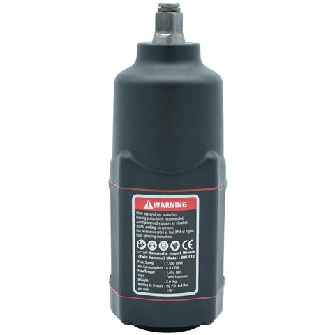 One Half Inch Beefy High Torque Air Impact Wrench Delivers Up To 1180 Ft Lbs Maximum Loosen Torque For Heavy Duty Auto Repair Fleet Maintenance Construction And Home Garage Tasks, showing back label and warning instructions.