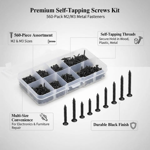 Self-Tapping Screw Set For Wood, Plastic And Thin Sheet Metal Repairs With Durable Storage Case, screws displayed in organizer