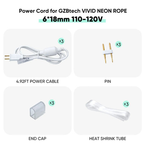 4.92ft Power Cord Connector Kit For 8x16mm LED Neon Rope Light Not RGB Compatible With Pins, End Caps, And Heat Shrink Tubes