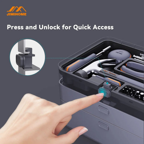 Press unlock feature on 67 Piece Handy Home Repair Tool Kit With Tray Set For Everyday Do It Yourself Fixes And Auto Repair ABD Hand Tools.