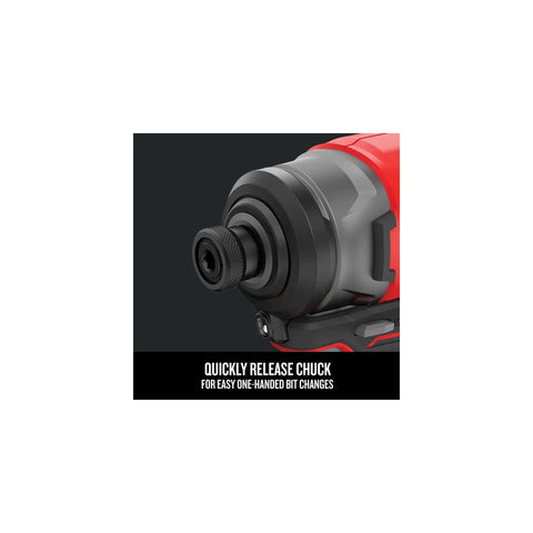 Close-up of V20 Cordless Impact Driver Kit With 1/4 Inch Quick Release Chuck Battery And Charger Included Black Red.